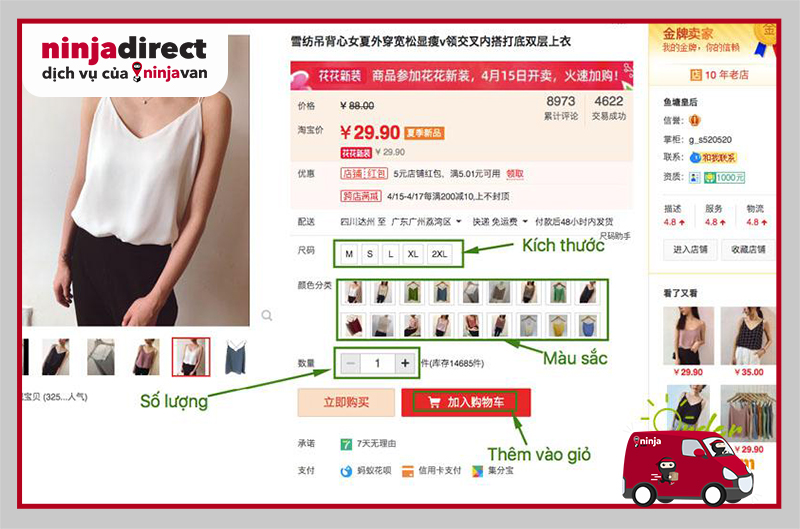 Cách chọn kích thước, màu sản phẩm, địa chỉ giao hàng trước khi mua hàng Taobao bằng Tiêng Việt 