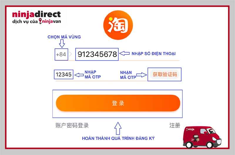 Đăng ký tài khoản Taobao ở nút màu cam như trên hình