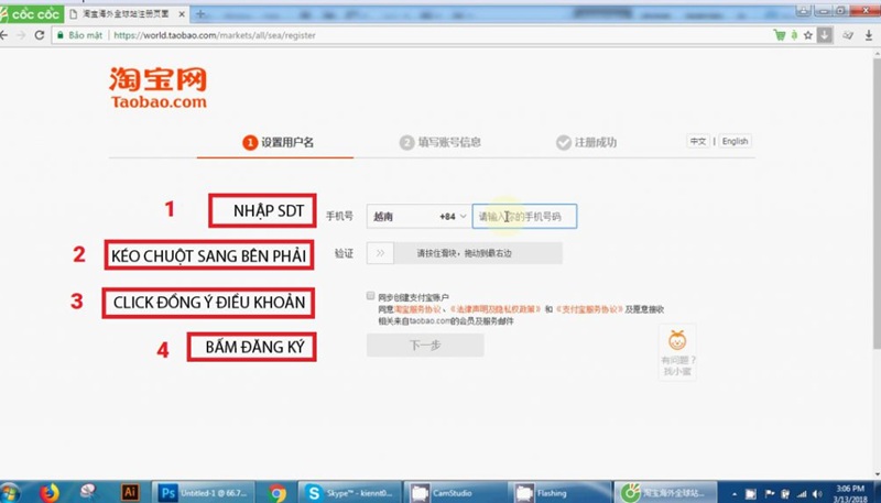 tiến hành đăng ký tài khoản taobao